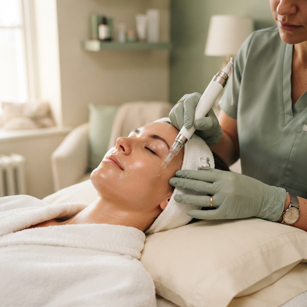 Esthetician applying an exosome serum with a nano-infusion pen during the Exosome Firming Ritual