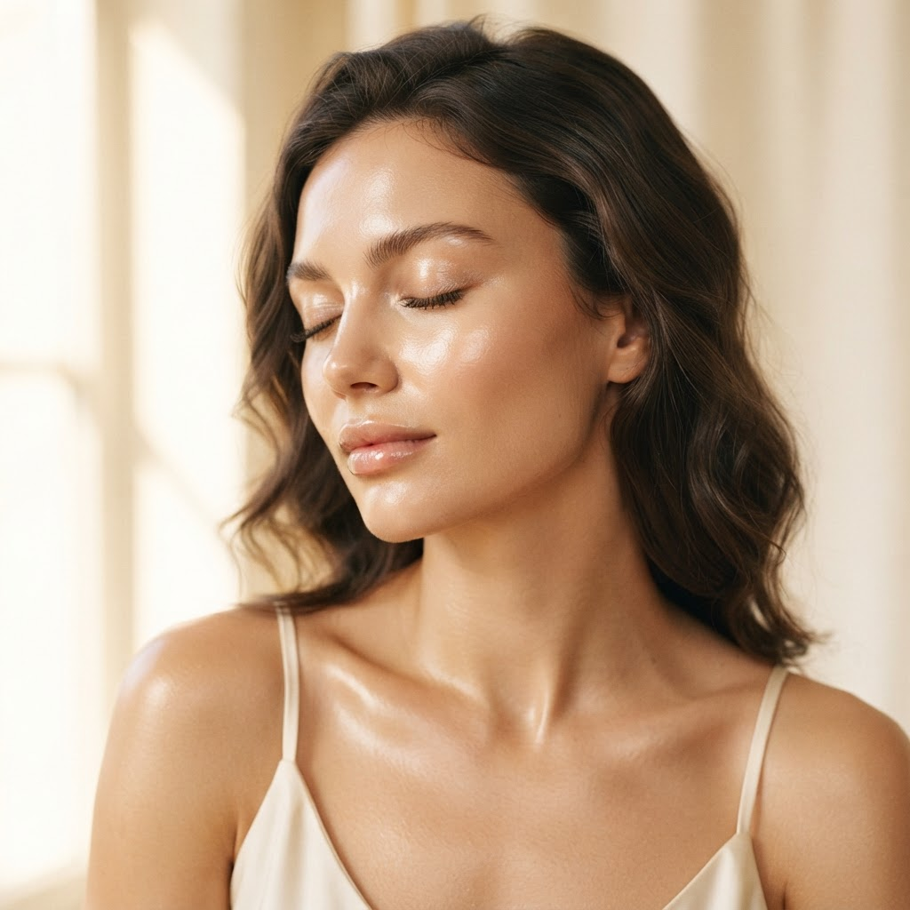 Portrait of luminous, dewy glass skin achieved with the Glass Skin Ritual facial