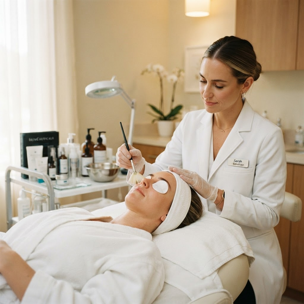 Esthetician applying a medical-grade chemical peel with a fan brush